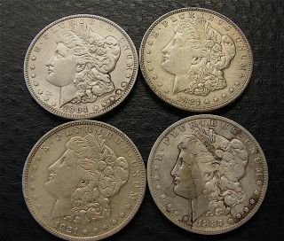 4 - - Morgan Silver Dollars - - Four (4) - - $4.  00 Face Value 90 Silver