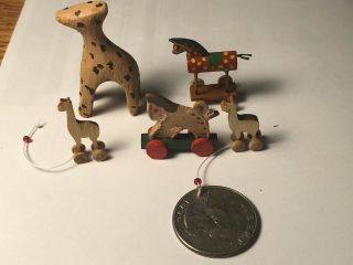 Miniatures Wooden Animals Three Giraffes,  Two Horses