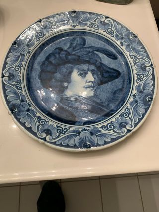 Handpainted Blue & White Delft Charger Rembrandt Signed Marked 11”