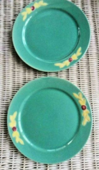 Vintage Coors Pottery Rosebud Two Turq Green 10 1/2 " Dinner Plates Mcm Rare Euc