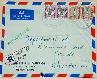 Sudan 1953 Registered Airmail Cover With Postal Agency Meridi Purple Postmark