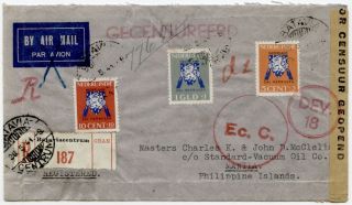 Neth Indies,  Wwii Airmail,  1941 Regis Cover To Philippines W/1941 Semi - Postal Set
