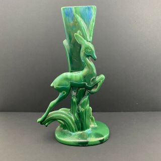 Vintage Royal Haeger Art Pottery Green Blue Iridescent Leaping Gazelle Tall Vase