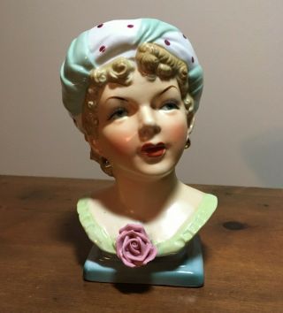 Ucagco Vintage 6 1/2” Lady Head Vase Hand Painted With Green Turban Japan
