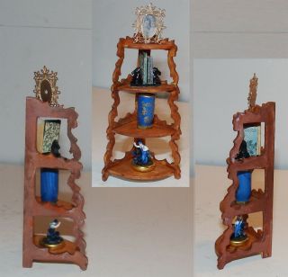 Dollhouse wooden corner knick knack shelving unit handmade OOAK with items 2