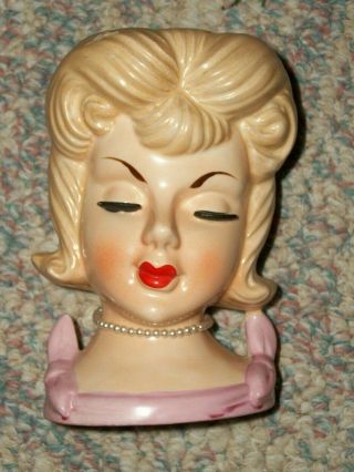 Vtg 1950s Pink Lavender Lady Head Vase Planter Exc 5 1/2 " Long Lashes