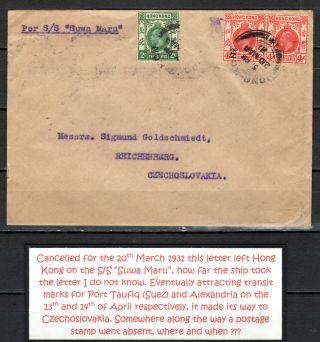 Hong Kong 1931 China Kgv 10c Rate Sea Mail Cover To Czechoslovakia Via Egypt