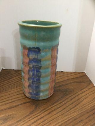 Vintage Hull Art Pottery Vase Ribbed Rose Aqua Blue Stripe H Circle Mark 26