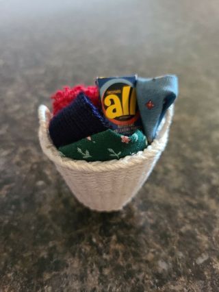 Dollhouse Miniature Artisan Filled Wicker Laundry Basket