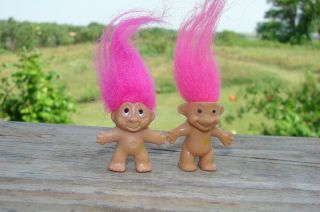 Vintage 1989 Dam Troll Pencil Topper Pink Hair & Pink Haired Magnet Troll Doll