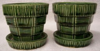 Two Vintage Mccoy Pottery Hunter Green Glazed Cane Design Matching Flower Vases