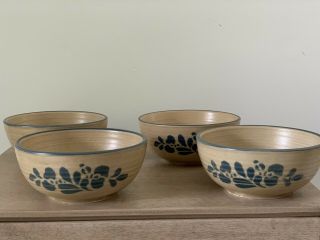 Vintage Set Of 4 Pfaltzgraff Folk Art Blue And Tan Pottery Soup Cereal Bowls 009