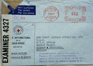 Switzerland 1941 Airmail Cover To Red Cross Message Bureau Bishops Stortford