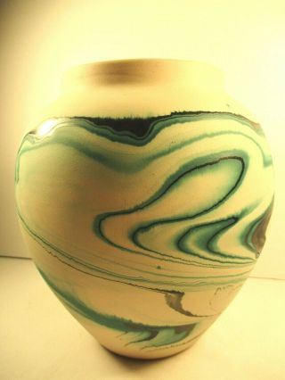 Vtg Nemadji Pottery Large Vase / Pot Black,  Aqua,  Cream Swirl 8.  5 " Tall Usa Vgc