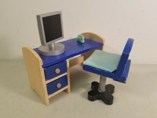 1:6 Scale Wooden Dollhouse Furniture: Desk,  Chair,  Computer & Phone