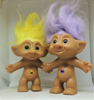 Two (2) Treasure Troll Dolls Yellow And Purple Hair By Ace Novelty Nude