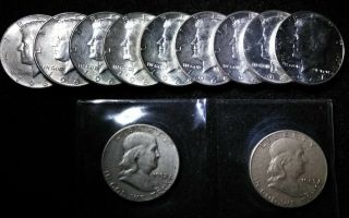 (9) 1964 Kennedy Half Dollars,  (2) Ben Franklin Half Dollars.  90 Silver