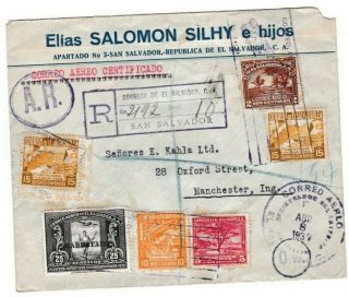 1937 El Salvador Airmail Registered A.  R.  Cover Posted To England 69
