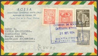 Bolivia To Argentina Registered Air Mail Cover 1954 Vf