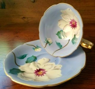 Vintage Blue Footed Teacup White Magnolia Occupied Japan