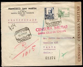 278 Spain To Chile Civil War Censored Registered Cover 1937 Sta Cruz De Tenerife