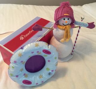 Euc American Girl 18 " Doll Snow Much Fun Snowman Sled Mittens Scarf Toy Play Set