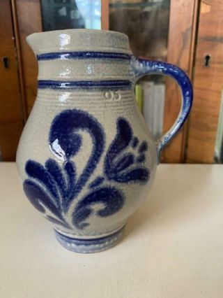 Vintage Salt Glaze Pottery Stoneware Pitcher Cobalt Blue Design 1/2 L
