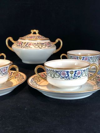 Limoges M Redon France Handled Bouillon Cups And Saucers (set 4) & Covered Bowl