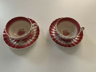 2 Rare Vintage Copeland Spode MANDARIN Pink & White Tea Cups & Saucers 3