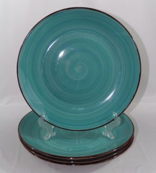 Set Of 4 Royal Norfolk Turquoise Swirl Stoneware 10 1/2 " Dinner Plates Brown Rim