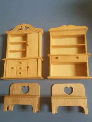 Ehi Dollhouse Miniature Furniture Natural Unfinished 2 Wood Hutches 2 Benches