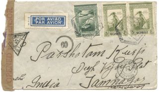 Mozambique,  Wwii Airmail 1941 Cover To India W/egypt & India Censor