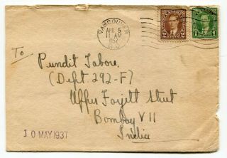 Canada Bc Vancouver 1937 George Vi Mufti Issue - Cover To Bombay - India -