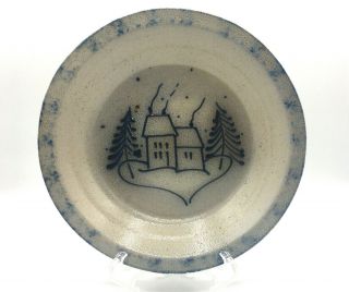 Vtg 1989 Eldreth Pottery Stoneware Blue Salt Glaze Winter Houses 8 " Pie Plate