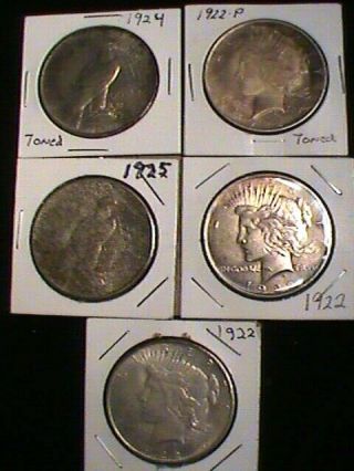 (5) Peace Silver Dollar Us Coins You Grade 3 - 1922 1 - 1924 1 - 1925