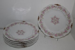 Set Of 6 Antique Limoges France Elite 8 - 5/8 " Beaded Plates - Pink Roses/gold