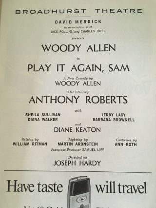 Woody Allen Play It Again,  Sam Playbill Anthony Roberts Diane Keaton April 1969 3