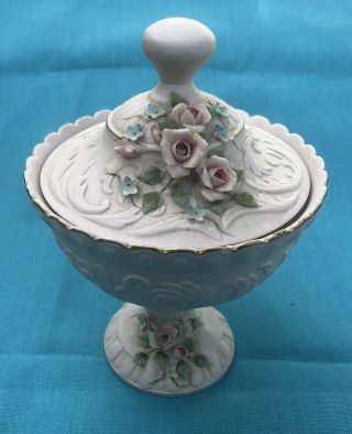 Vintage Lefton China Hand Painted Pink Bisque Porcelain Covered Candy Dish