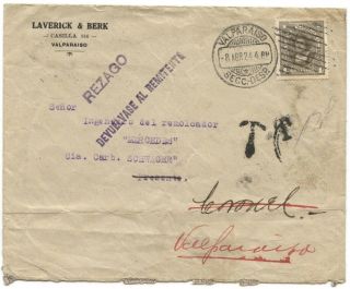 Chile1924 Local Cover W/1c,  Fwd.  Twice Domestically,  " T " & " Return To Sender " H/s