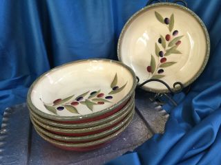 6 Clay Art Antique Olive Hand Painted Stone Lite 9 5/8 " Pasta Bowls