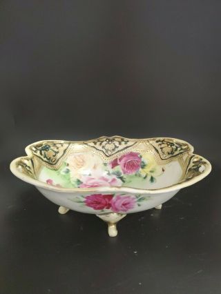 Vintage Nippon Hand Painted Footed Bowl Appx 7 X 6 Inches Gold Trim