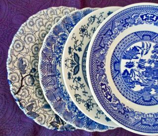 4 Vintage Mismatched China Bread Dessert Cake Plates 6” - 6 3/8” Blue & White - Euc