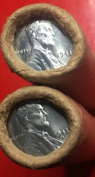 1943 - P & 1943 - S Steel / Bu Tail Bank Wrap Lincoln Wheat Penny Rolls 2x