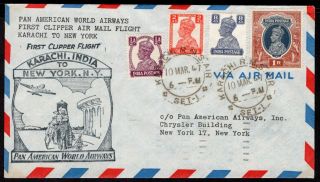 2579 British India To Us Ffc First Flight Cover 1947 Paa Karachi - Pakistan - Ny