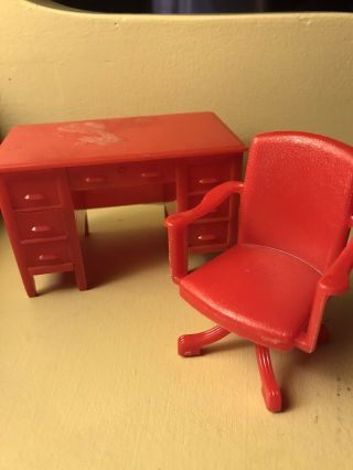 Vintage 1050s Renwal Dollhouse Furniture Red Office Desk And Swivel Chair