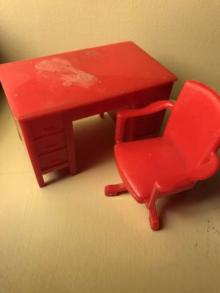 Vintage 1050s Renwal Dollhouse Furniture Red Office Desk And Swivel Chair 2