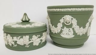 2pc Green White Wedgwood Jasperware Grapevine Flower Pot Dresser Lidded Box