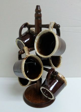 Vintage Mccoy Brown Drip Glaze Coffee Mugs Set Of 6 With Wood Stand