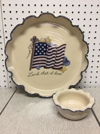 Home And Garden Party 2003 American Flag Stoneware Chip Dip Dish & Bowl Set