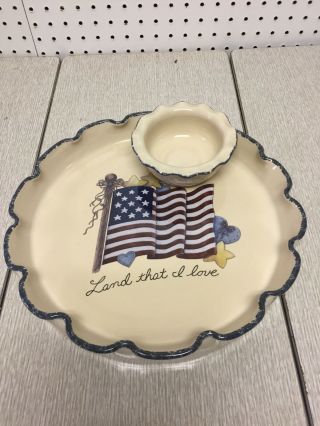 Home and Garden Party 2003 American Flag Stoneware Chip Dip Dish & Bowl Set 2